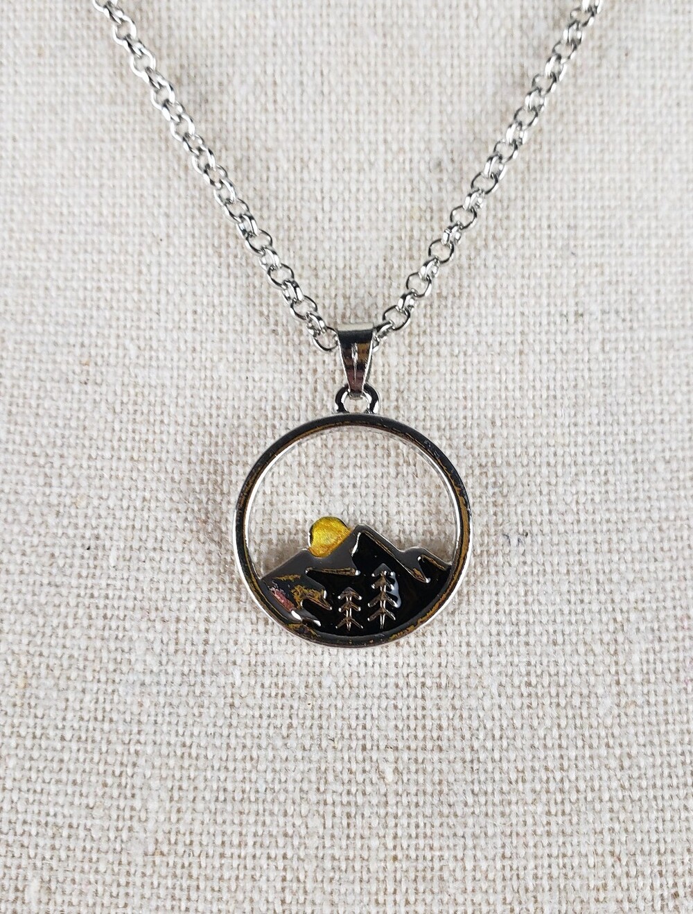 Silver Mountain Scene Pendant Necklace with Yellow Sun